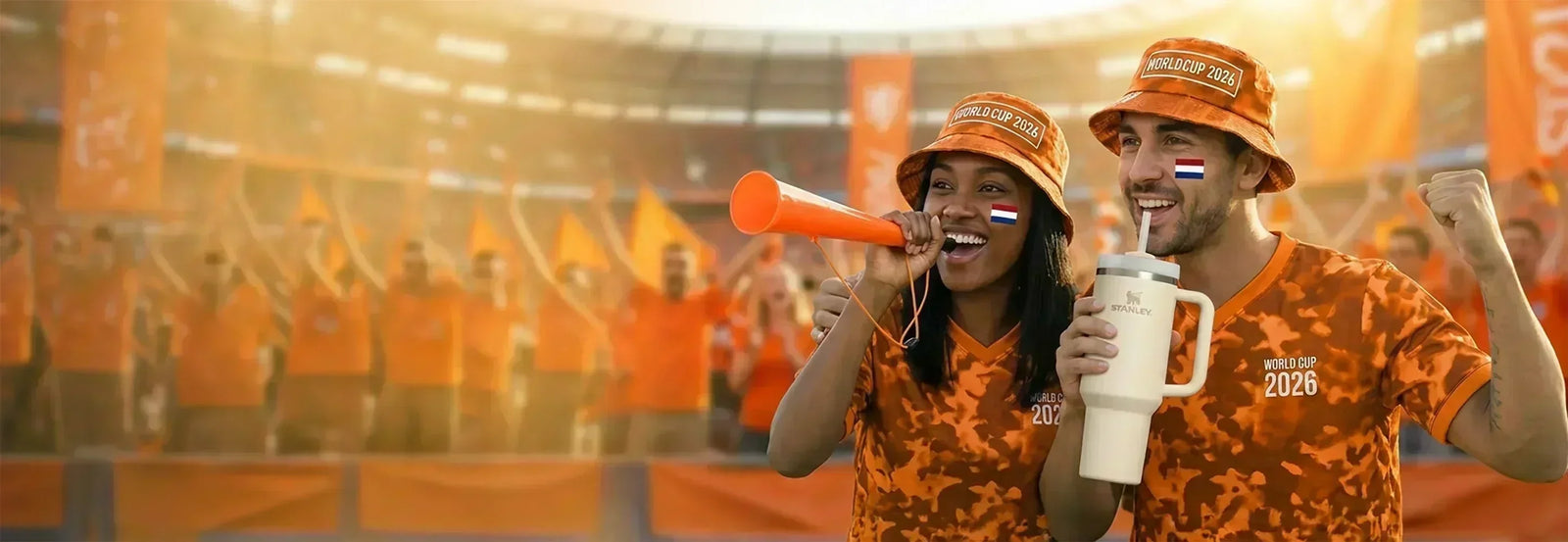 Oranje supporters met promotieartikelen zoals T-shirts, zonnebrillen en drinkbekers tijdens een sportevent.