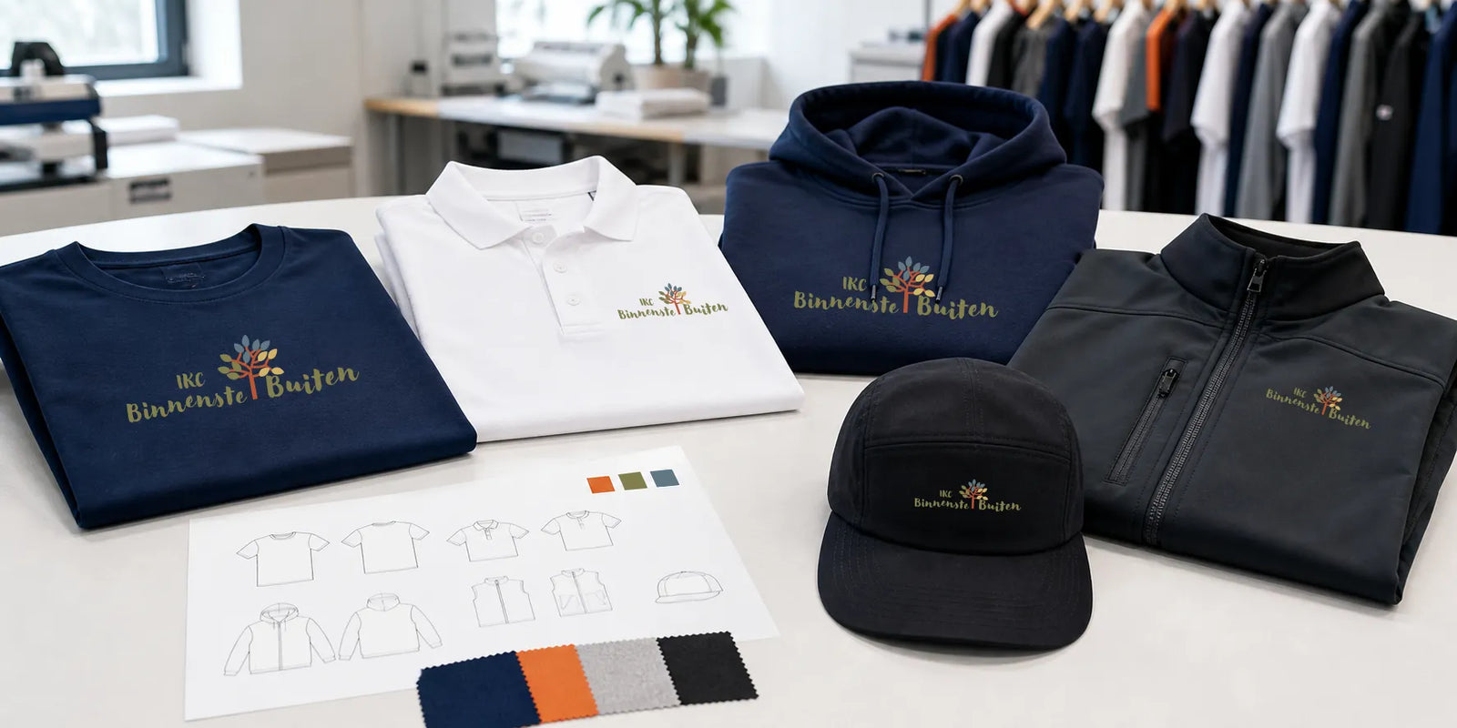 Bedrijfskleding met logo zoals T-shirts, polo's, hoodies, jassen en caps op een werktafel.