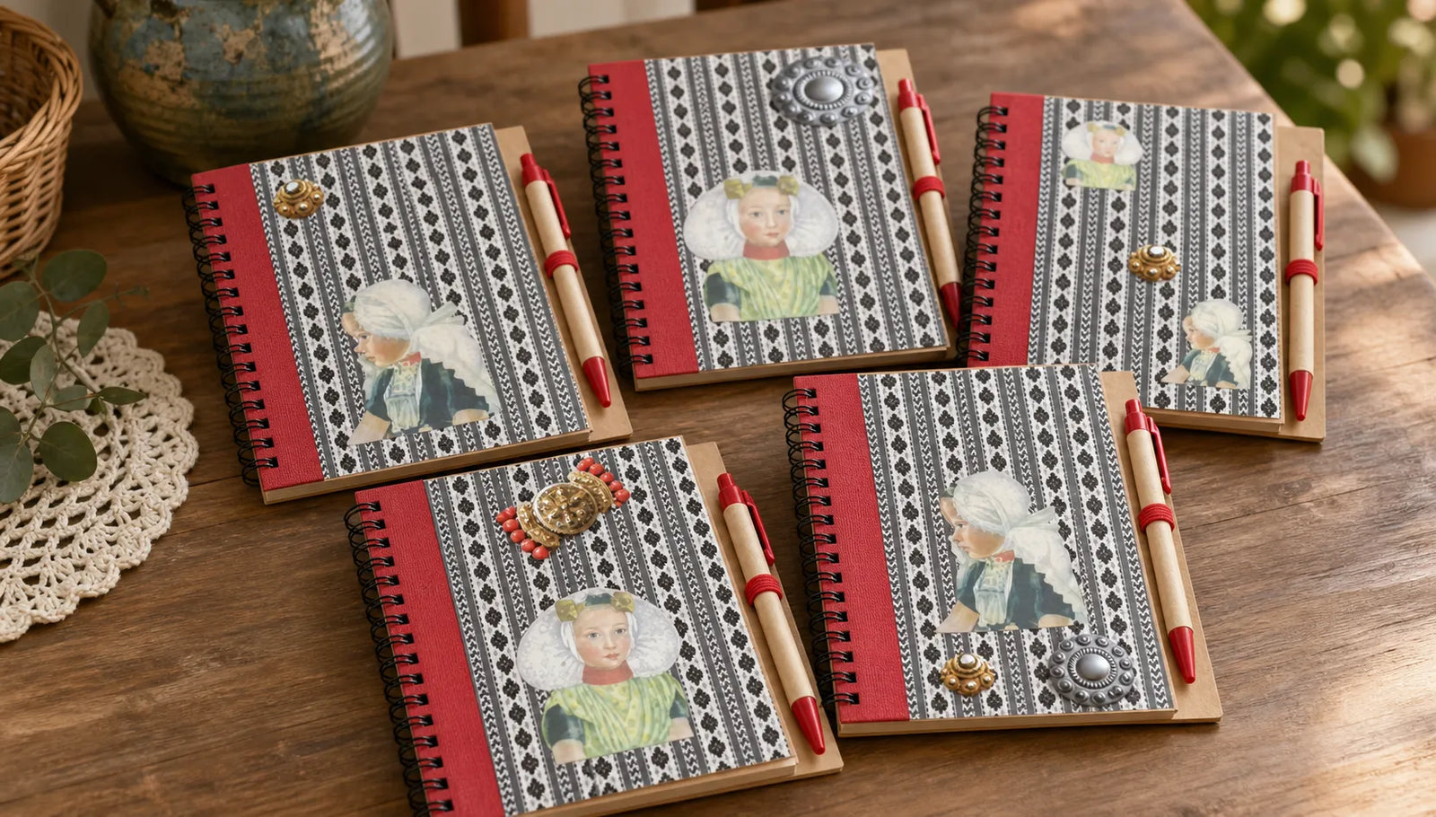 Creatief versierde notitieboekjes met pen op een houten tafel voor een goede-doelenactie.
