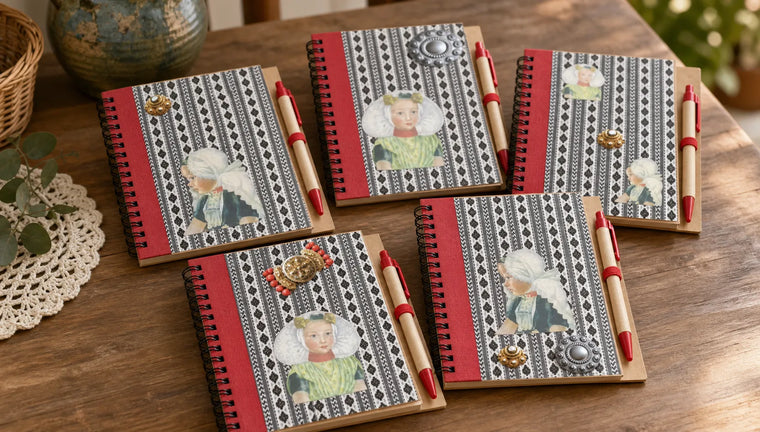 Creatief versierde notitieboekjes met pen op een houten tafel voor een goede-doelenactie.