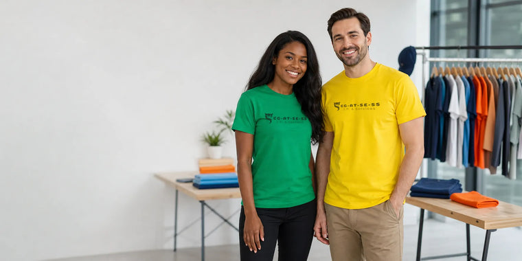 Twee personen met bedrukte T-shirts in een kledingruimte met verschillende shirtkleuren op de achtergrond.