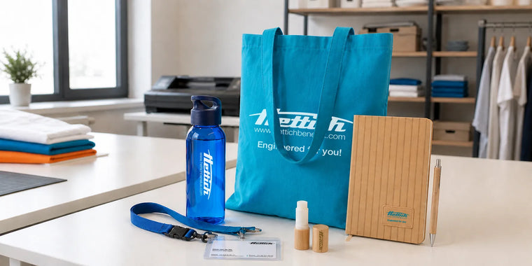 Bedrukte tas met drinkfles, lanyard, notitieboekje en pen als compleet promotiepakket.