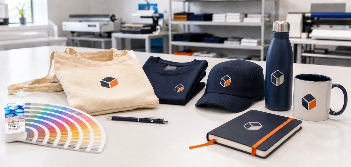 Snel leverbare relatiegeschenken met logo zoals pennen, lanyards, caps en bidons op een beursbalie.