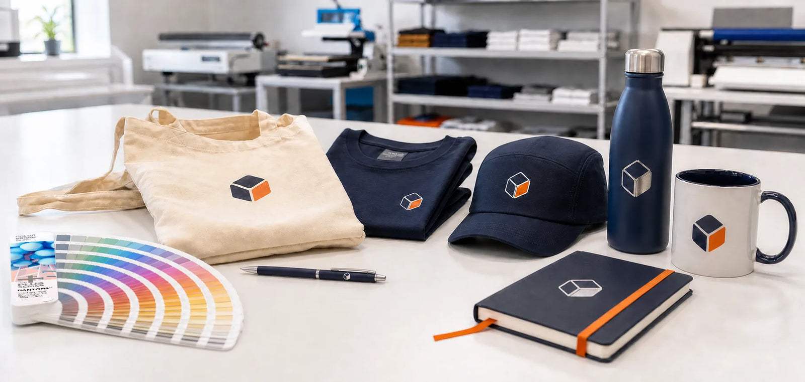 Snel leverbare relatiegeschenken met logo zoals pennen, lanyards, caps en bidons op een beursbalie.