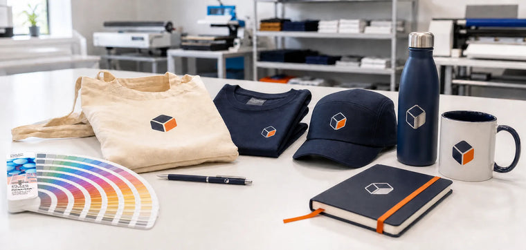 Snel leverbare relatiegeschenken met logo zoals pennen, lanyards, caps en bidons op een beursbalie.