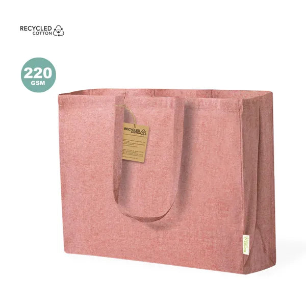 Shopper van gerecycled katoen 220 g/m² zijaanzicht met productinformatie, Roze - 1720755
