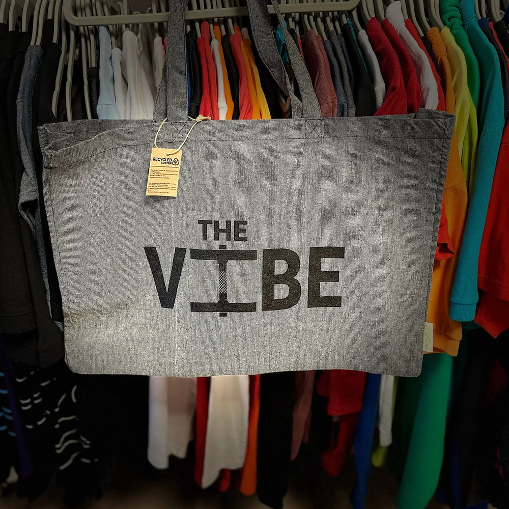 strandtas bedrukken milieuvriendelijk melange grijs met logo The Vibe 1720755