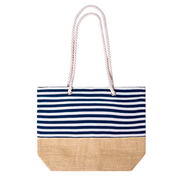 Gestreepte strandtas van katoen en jute, Blauw, wit en beige - 1720758