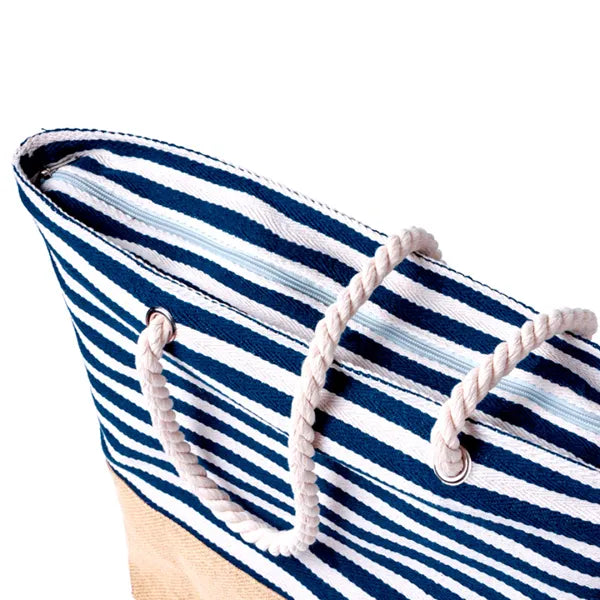 Gestreepte strandtas van katoen en jute detail van hengsels, Blauw, wit en beige - 1720758