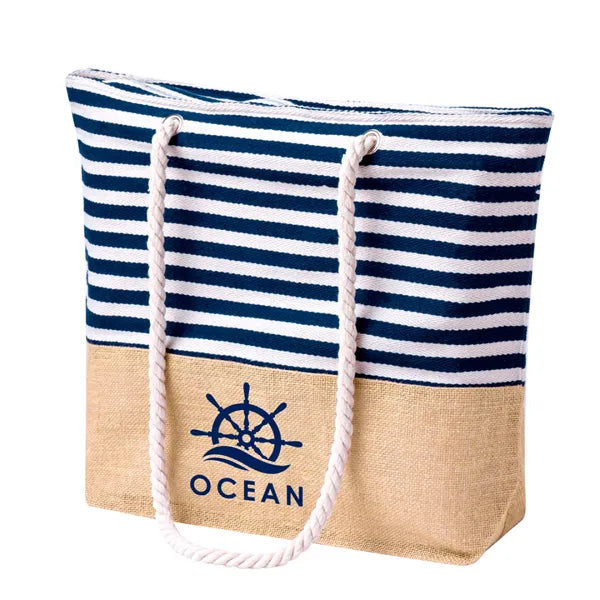 Gestreepte strandtas van katoen en jute met bedrukking, Blauw, wit en beige - 1720758