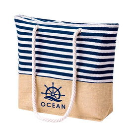 Gestreepte strandtas van katoen en jute met bedrukking, Blauw, wit en beige - 1720758