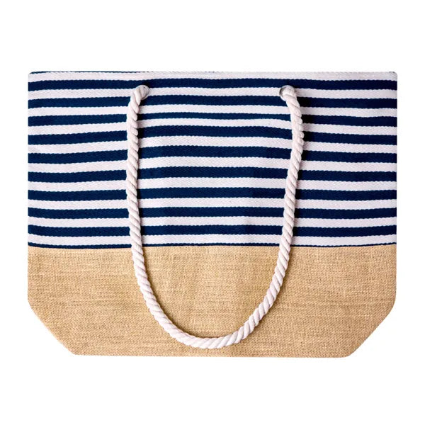 Gestreepte strandtas van katoen en jute voorzijde, Blauw, wit en beige - 1720758