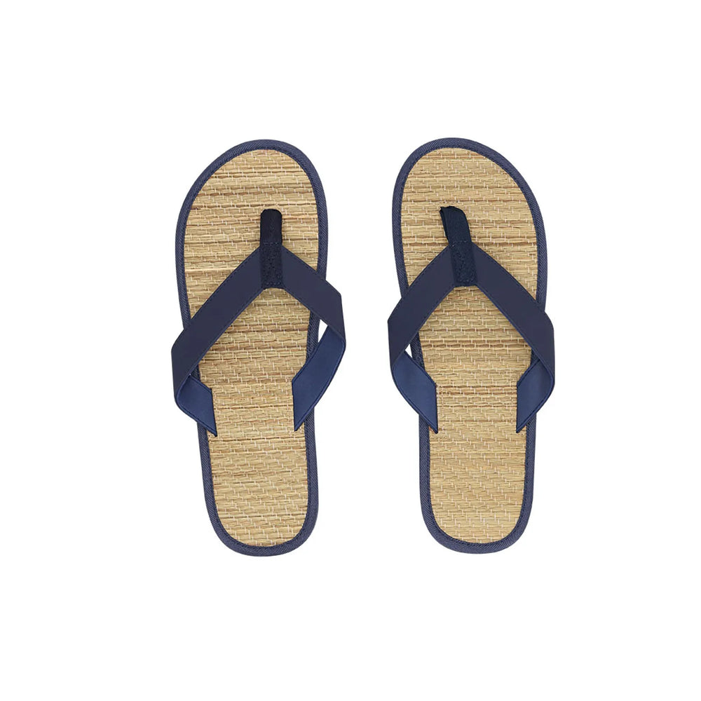Teenslippers met geweven voetbed en PU-bandjes, Beige en marineblauw - 1721478