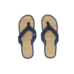 Teenslippers met geweven voetbed en PU-bandjes, Beige en marineblauw - 1721478