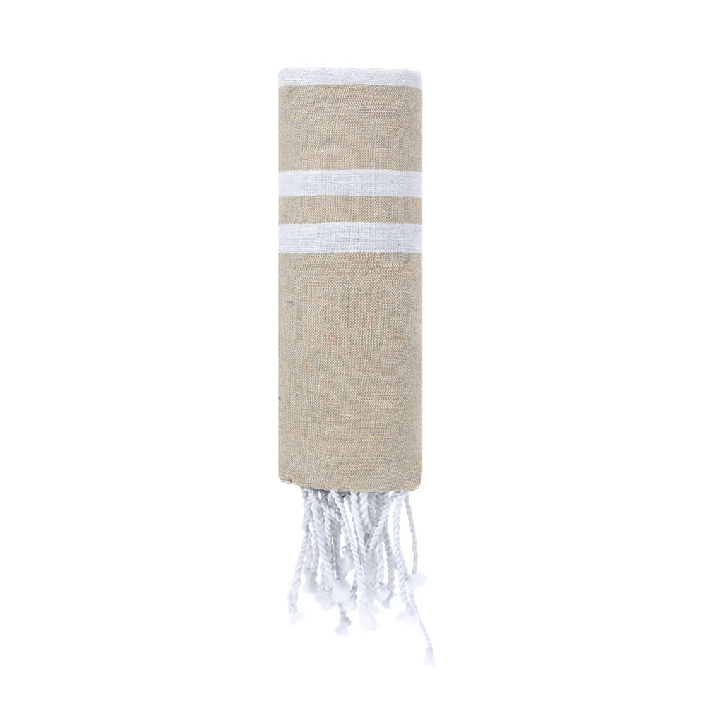 Zachte pareo-handdoek met strepen en franjes opgerold, Beige en wit - 1721502