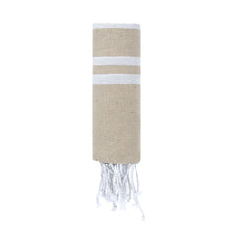 Zachte pareo-handdoek met strepen en franjes opgerold, Beige en wit - 1721502