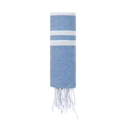 Zachte pareo-handdoek met strepen en franjes opgerold, Blauw en wit - 1721502