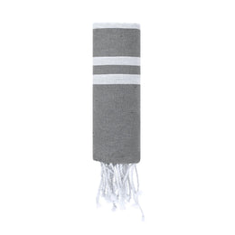Zachte pareo-handdoek met strepen en franjes opgerold, Grijs en wit - 1721502