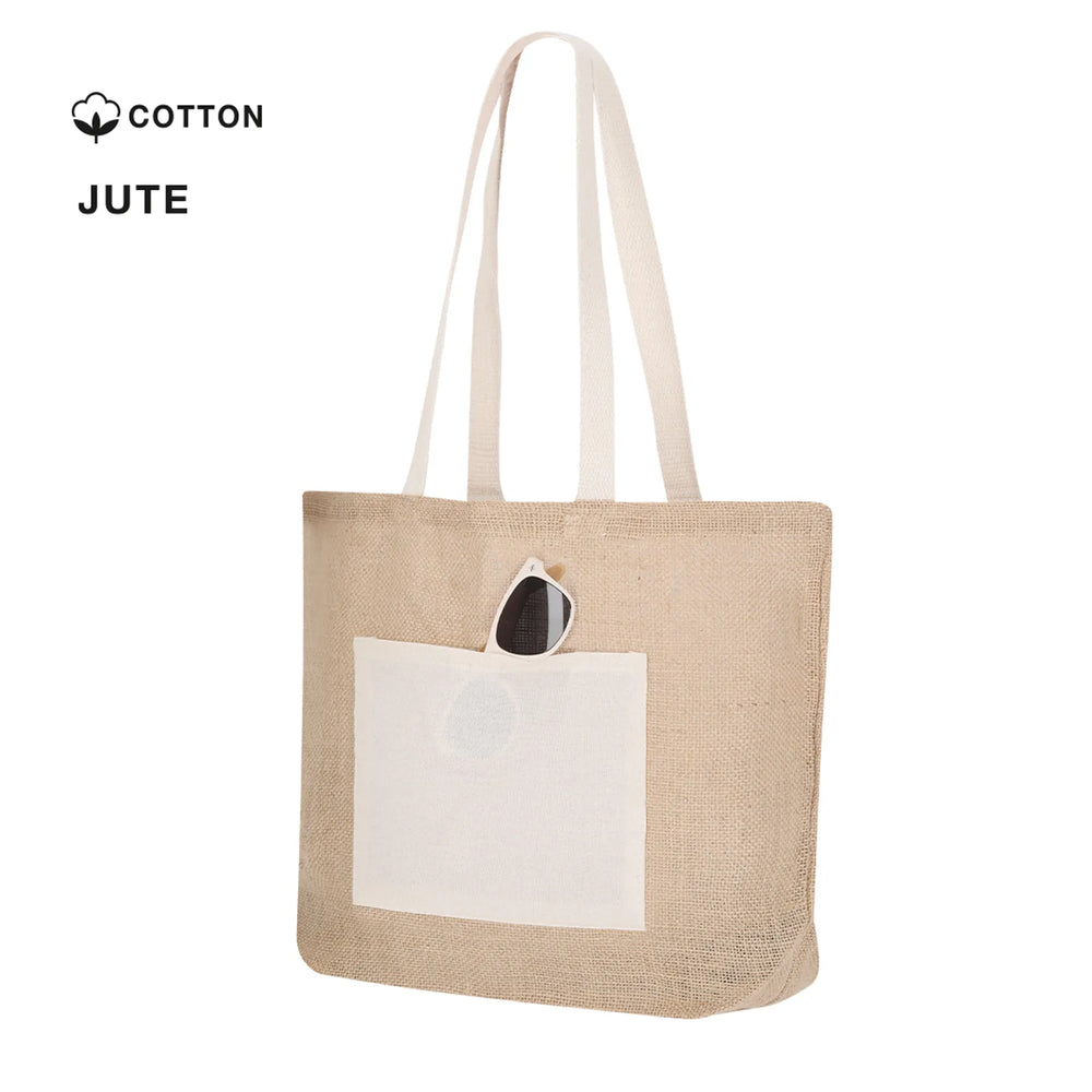 Jute boodschappentas met katoenen voorvak met materiaalaanduiding, Beige en wit - 175726