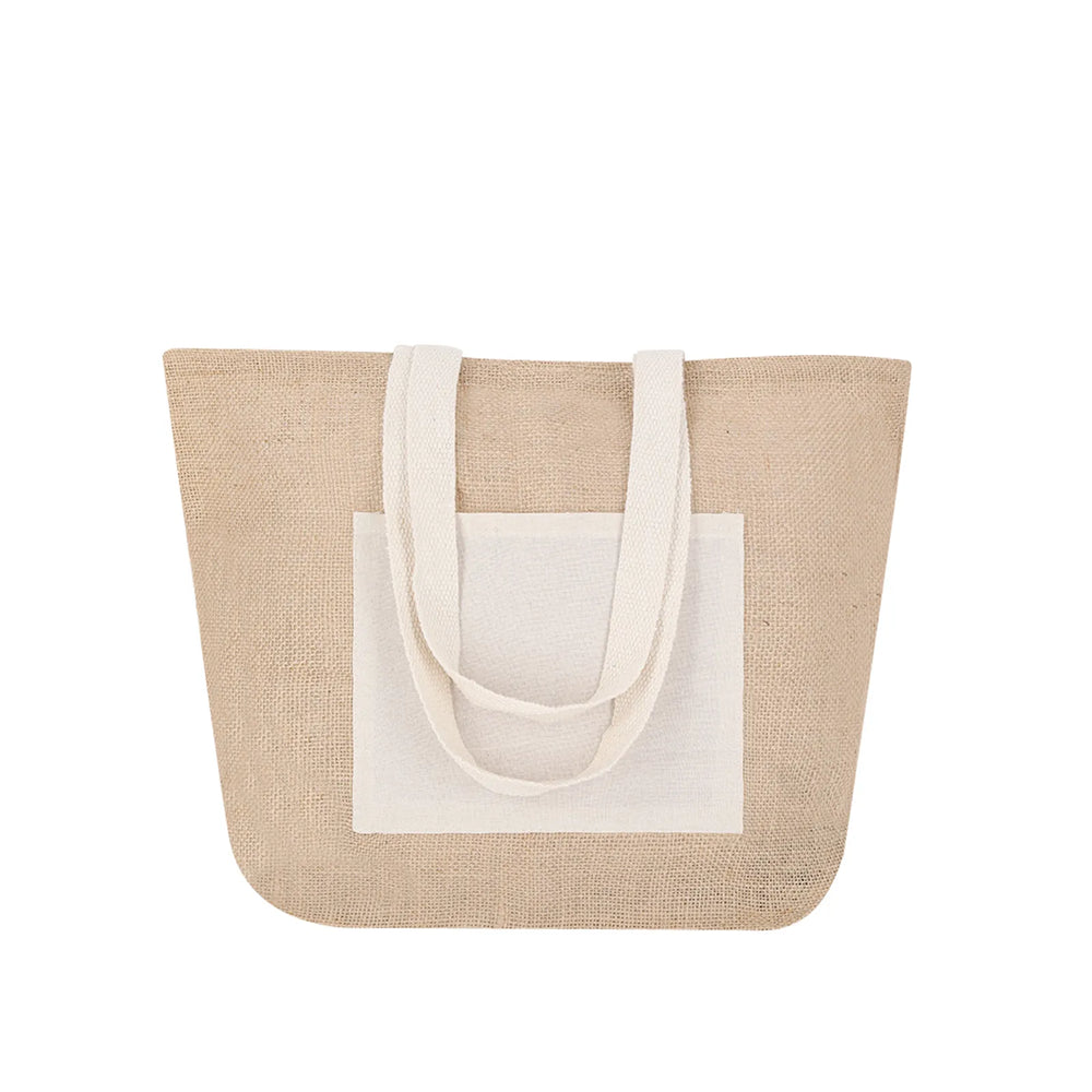 Jute boodschappentas met katoenen voorvak voorzijde, Beige en wit - 175726