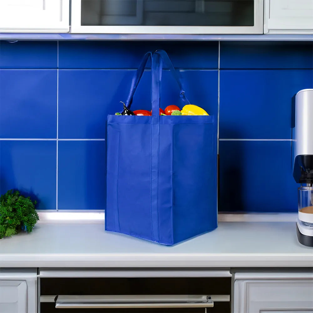 Non-woven xl tas met lange hengsels gevuld met boodschappen, Blauw - 176106