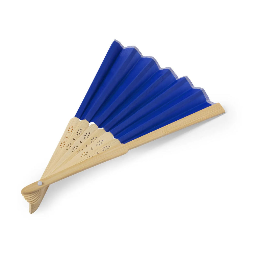 Bamboe handwaaier met polyester stof gedeeltelijk uitgeklapt, Blauw - 176406