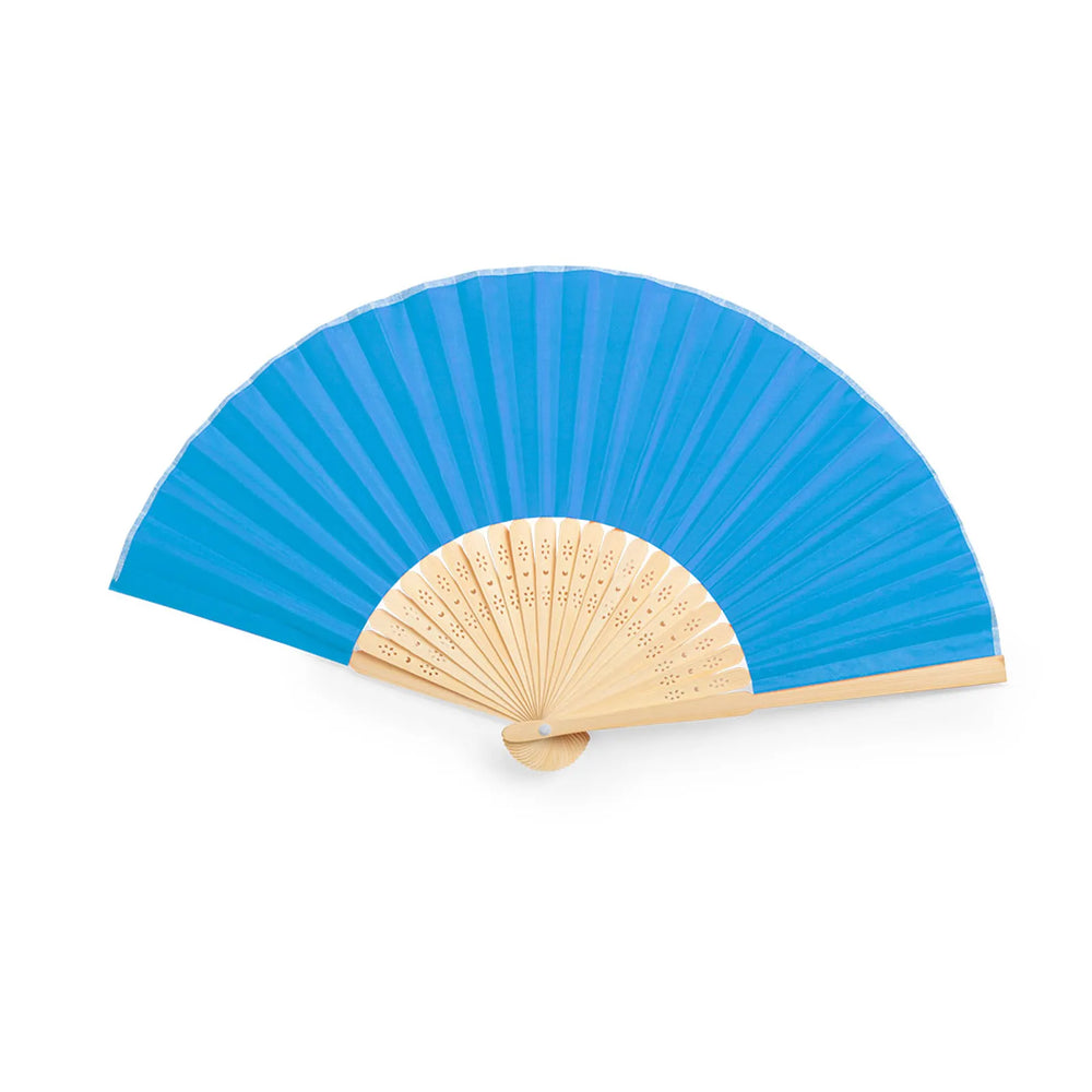 Bamboe handwaaier met polyester stof uitgeklapt, Lichtblauw - 176406