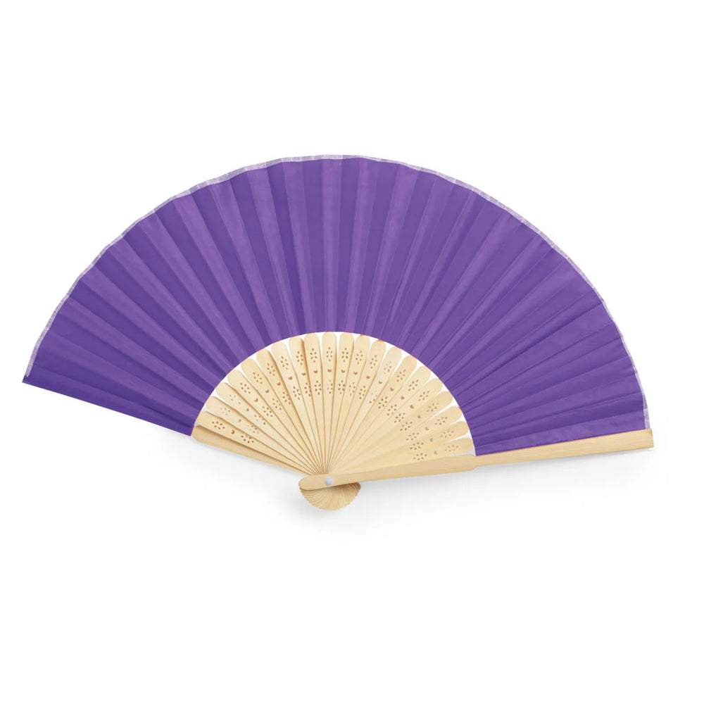 Bamboe handwaaier met polyester stof uitgeklapt, Paars - 176406