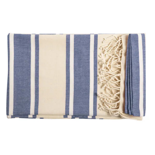 Hamamdoek van biologisch katoen met strepen en franjes opgevouwen, Beige en blauw - 176427