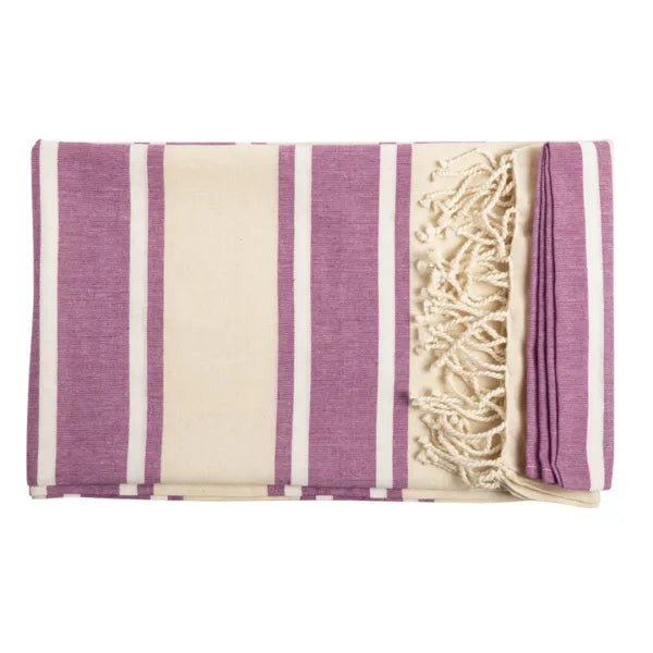 Hamamdoek van biologisch katoen met strepen en franjes opgevouwen, Beige en fuchsia - 176427