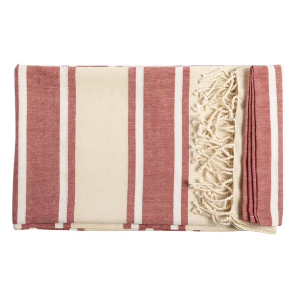 Hamamdoek van biologisch katoen met strepen en franjes opgevouwen, Beige en rood - 176427
