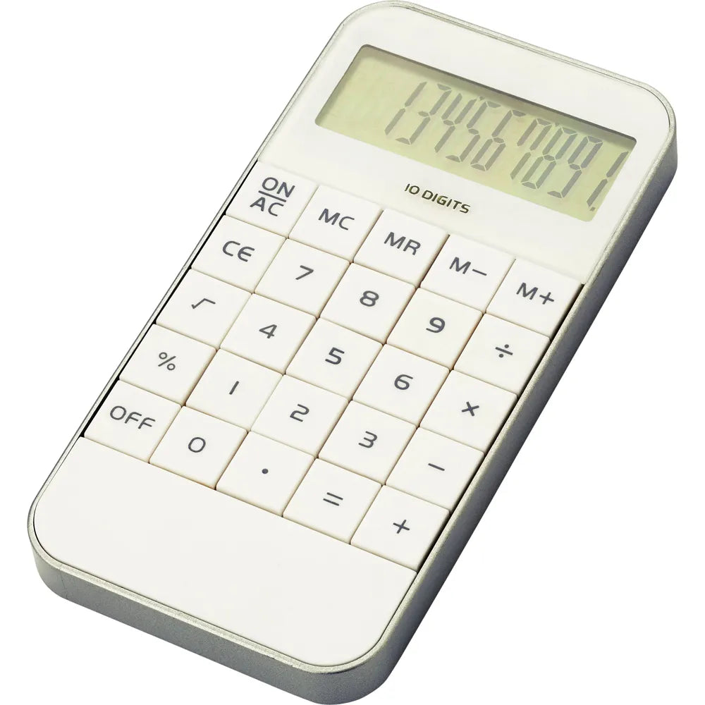 Rekenmachine met zilverkleurige rand schuin van voren, Wit - 181140