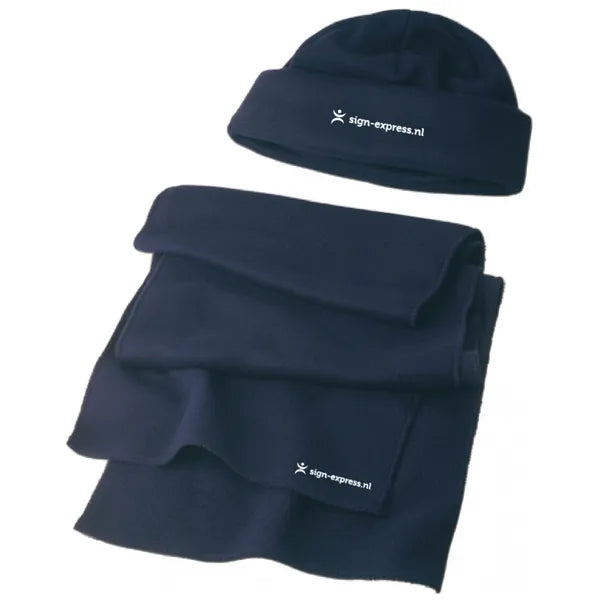 polyester fleece muts sjaal set navy met logo 181745