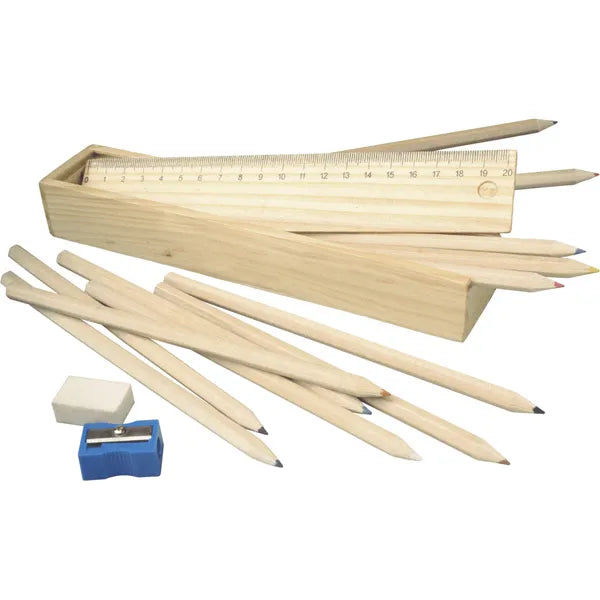 tekenset 15 delig houten doosje 182545