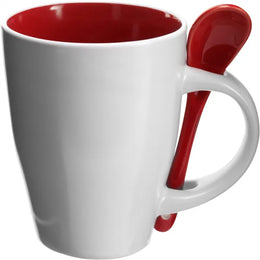 Keramieken mok 260 ml met lepel, Wit en rood - 182855