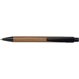 Bamboe balpen met kunststof clip, Zwart - 183993