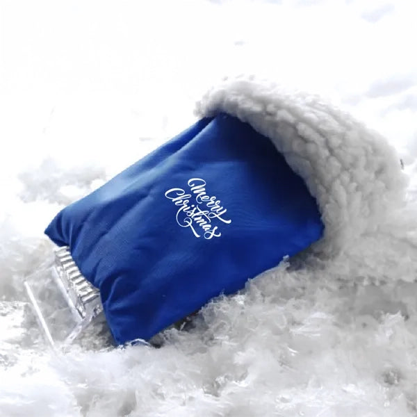 Transparante kunststof ijskrabber met gevoerde polyester want met bedrukking in sneeuw, Blauw - 185817