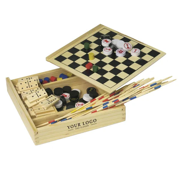 5-delige houten spellenset in opbergdoos met bedrukking, Bruin - 186163
