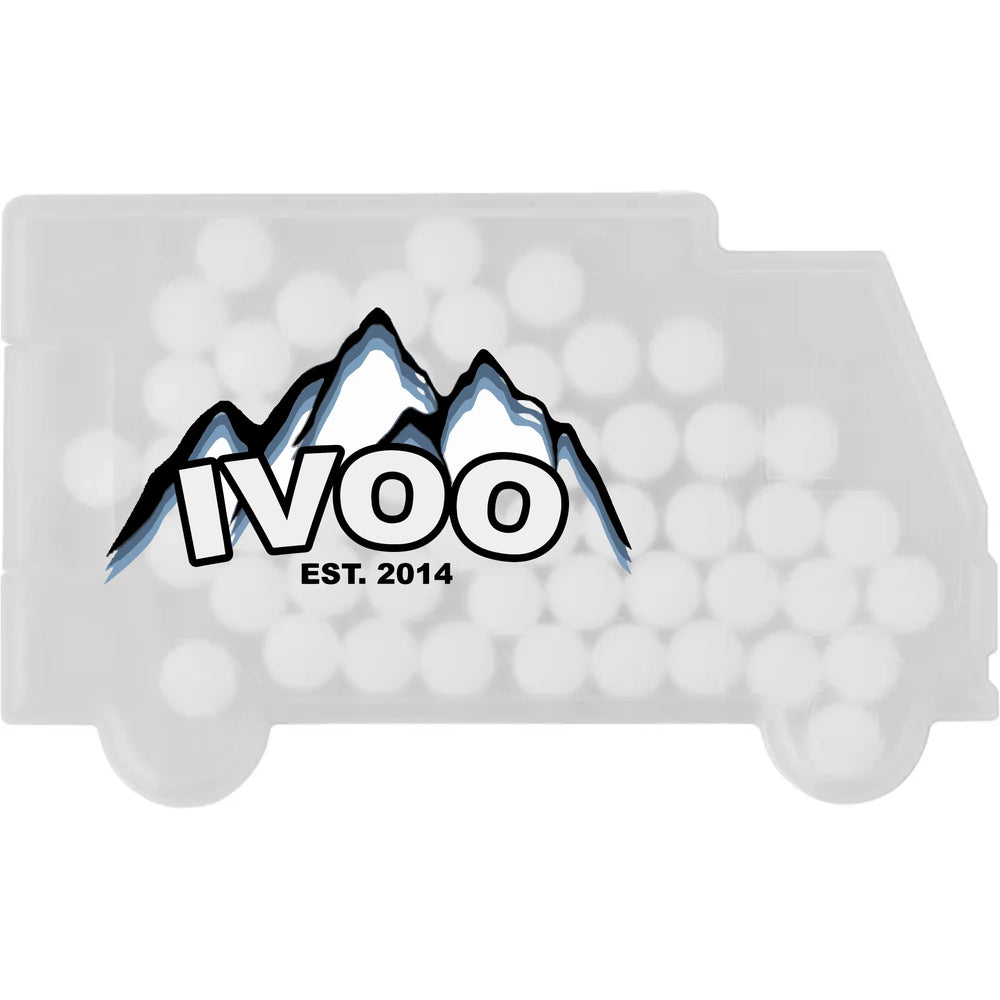 Vrachtwagen mintdoosje met logo, suikervrij en bedrukbaar promotieartikel – artikelnummer 186679