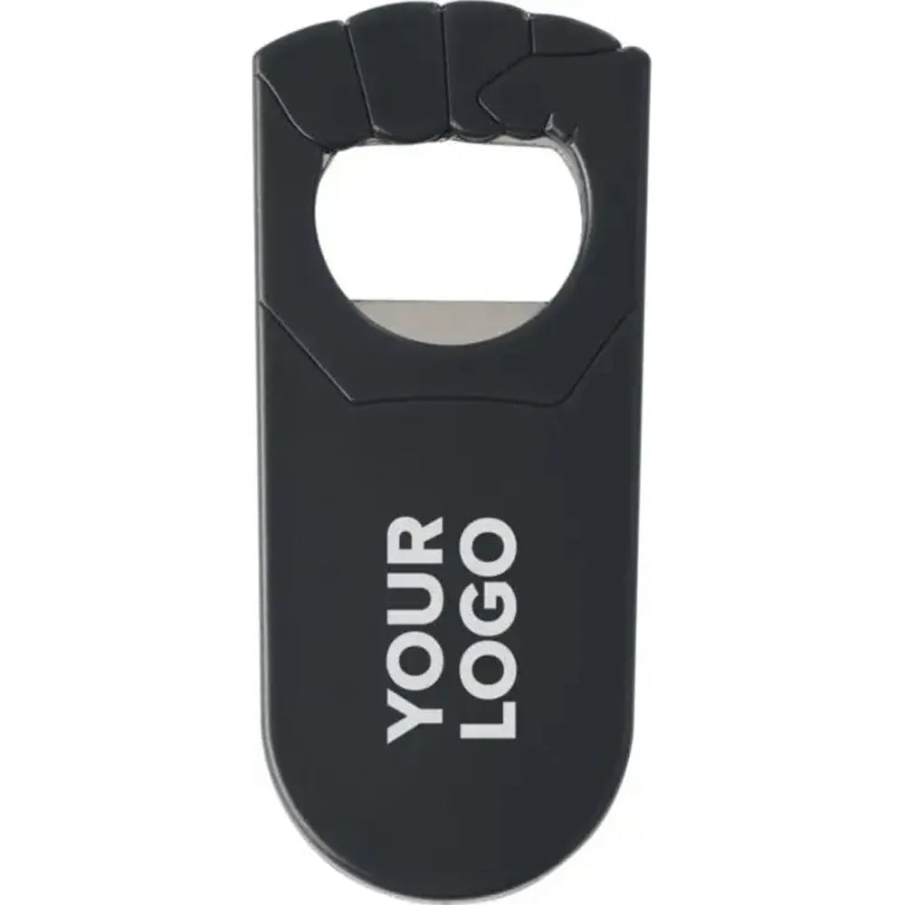 vuistvormige flessenopener stoer en bedrukbaar promotieartikel zwart met logo 18708984