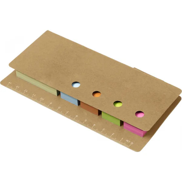 Kartonnen memoblaadjeshouder met liniaal en balpen 100+ plakbriefjes, Beige - 187830