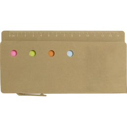 Kartonnen memoblaadjeshouder met liniaal en balpen 100+ plakbriefjes bovenaanzicht, Beige - 187830