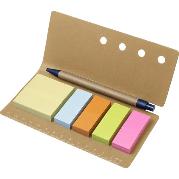 Kartonnen memoblaadjeshouder met liniaal en balpen 100+ plakbriefjes geopend met inhoud, Beige - 187830