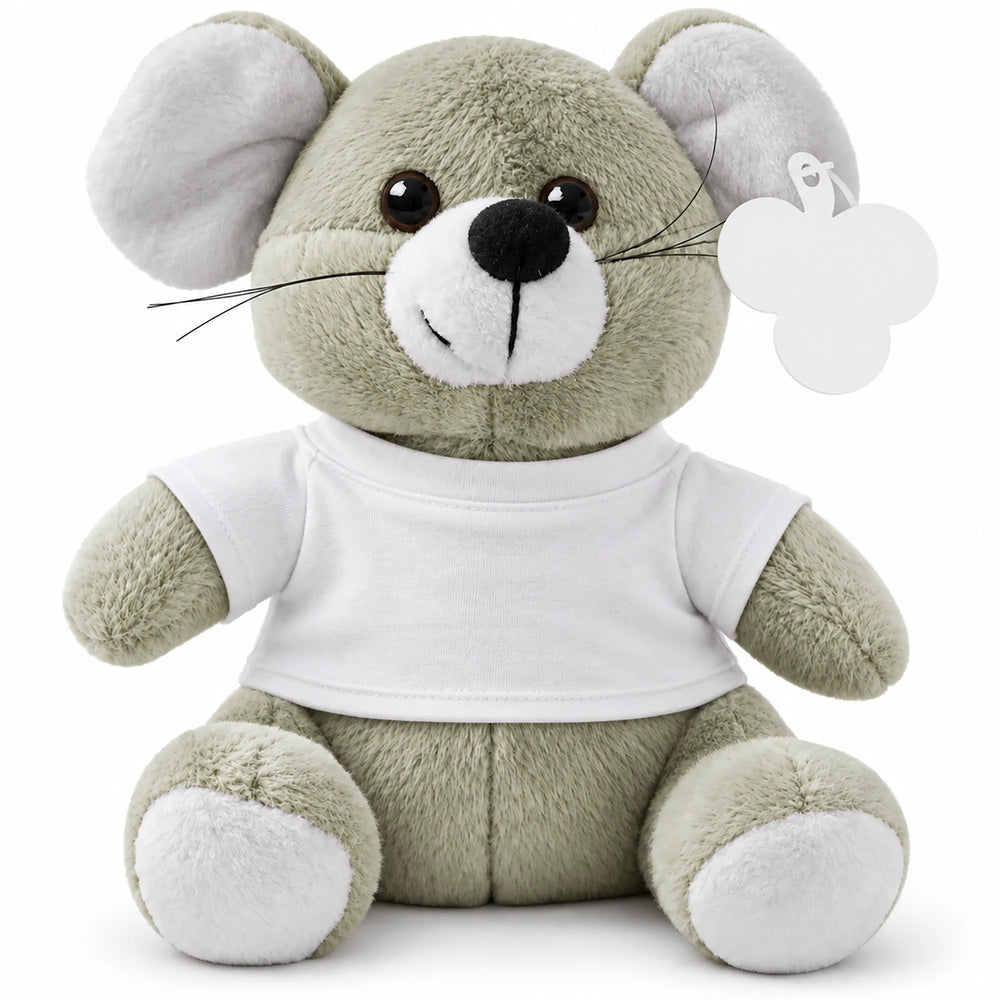 Pluche knuffelmuis met kartonnen oorlabel en apart verkrijgbaar wit T-shirt, Grijs - 188091