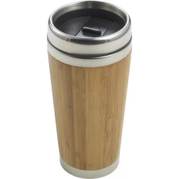 Dubbelwandige thermosmok 400 ml van bamboe en RVS schuin van boven, Beige en zilver - 188947