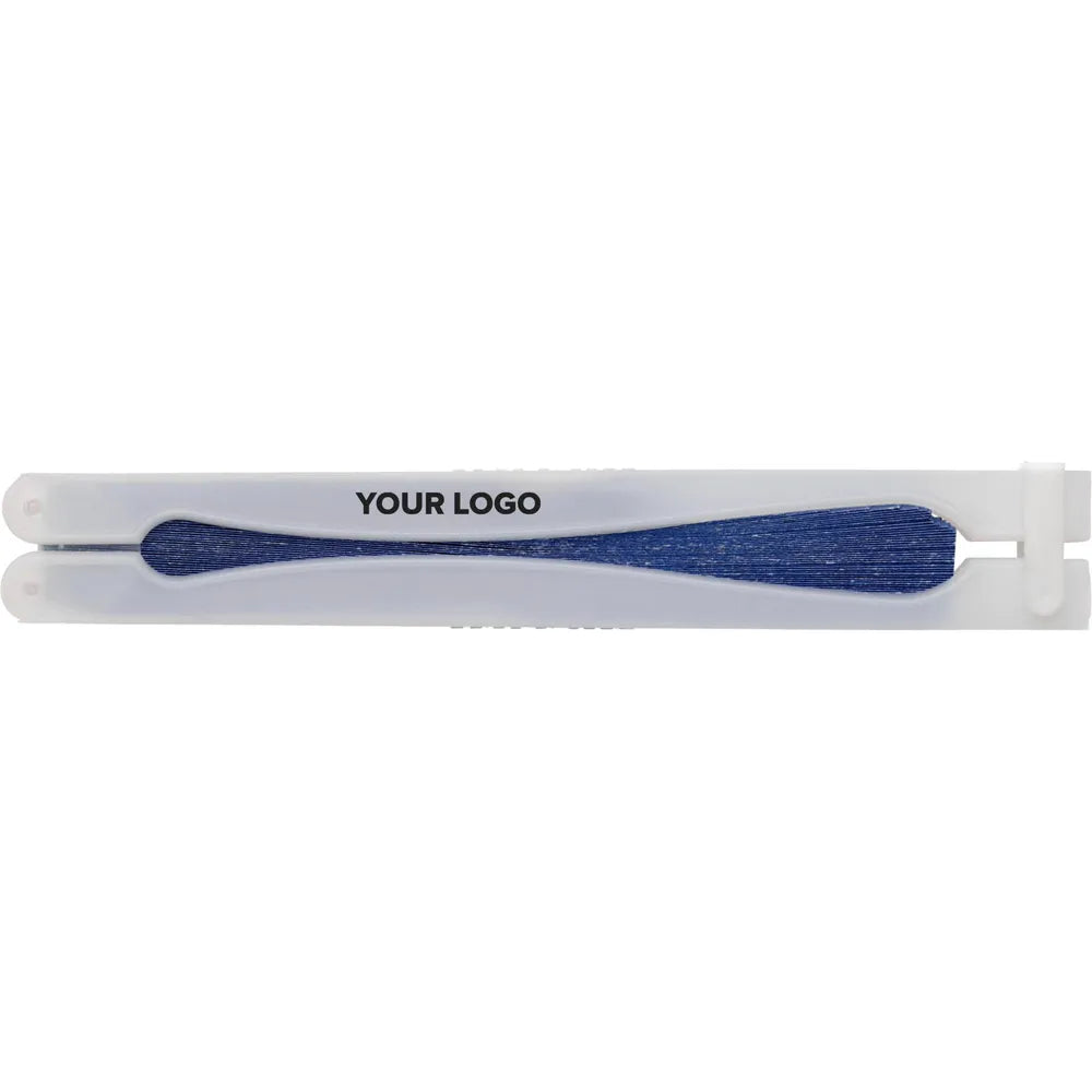 Opvouwbare papieren waaier met wit handvat ingevouwen met bedrukking, Blauw - 189001