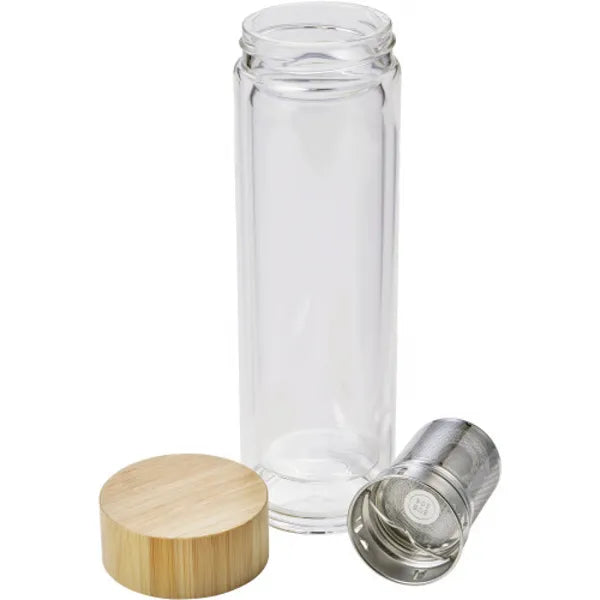 Dubbelwandige thermosfles 420 ml van glas en bamboe met infuser, Transparant - 189135