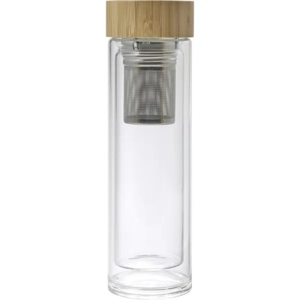 Dubbelwandige thermosfles 420 ml van glas en bamboe met infuser, Transparant - 189135