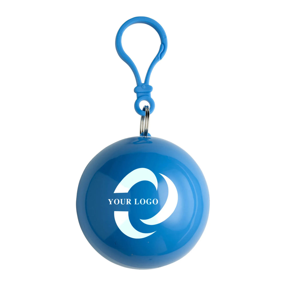 PVC poncho in gekleurde kunststof bal met karabijnhaak blauw logo 189137