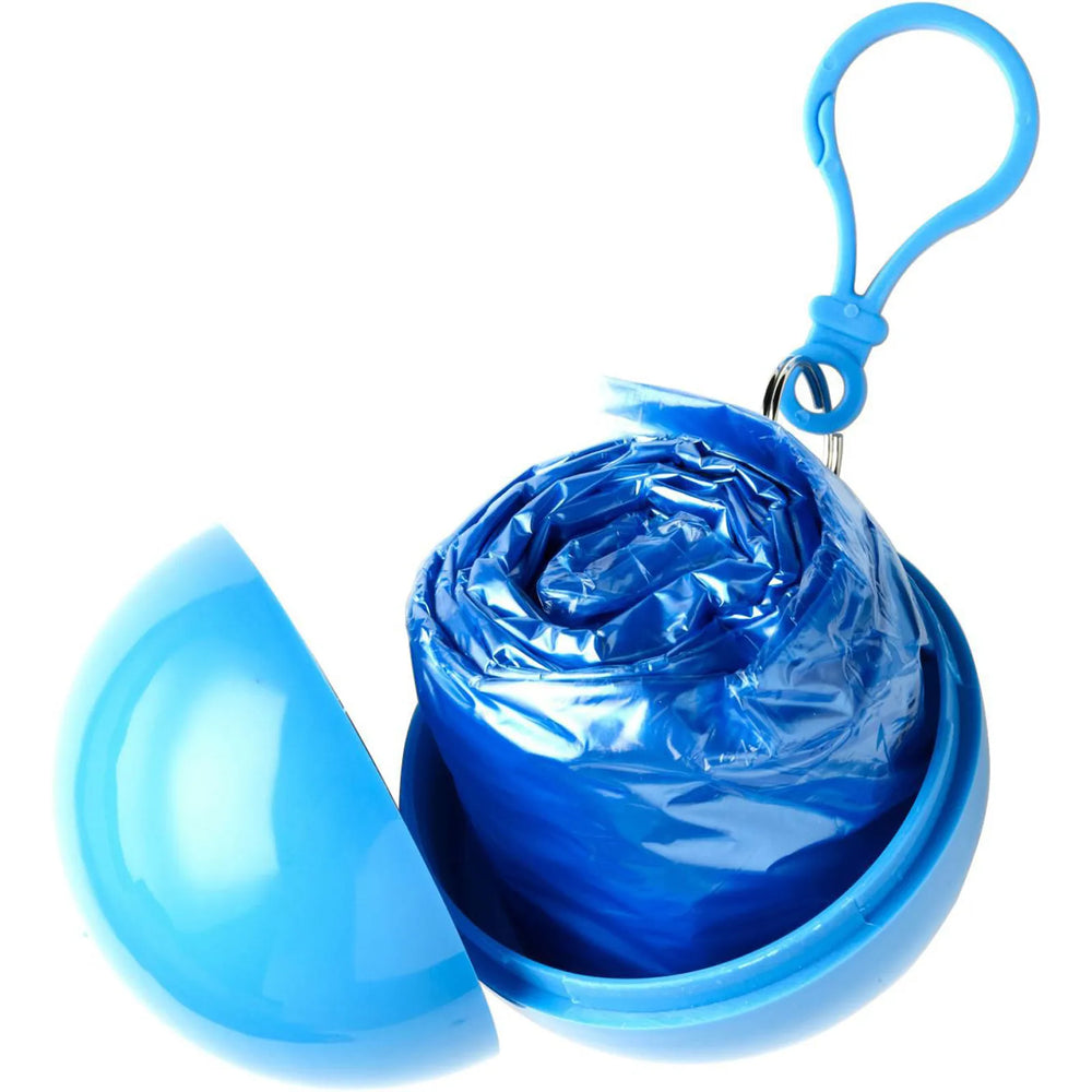 PVC poncho in gekleurde kunststof bal met karabijnhaak blauw open 189137